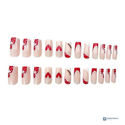Red & White Heart Press-On Nails 24 PCS — Two-Tone Romantic Nail Art for At-Home Manicure