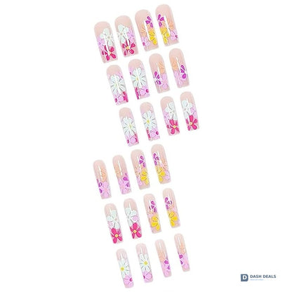 Long Flat Flower Press-On Nails 24 PCS — Floral Nail Art Set, At-Home Manicure