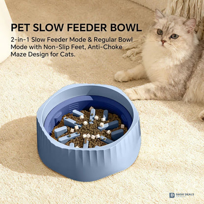 2-in-1 Cat Slow Feeder Bowl — Switchable Fast & Slow Feed, Large Plastic for Wet & Dry Food