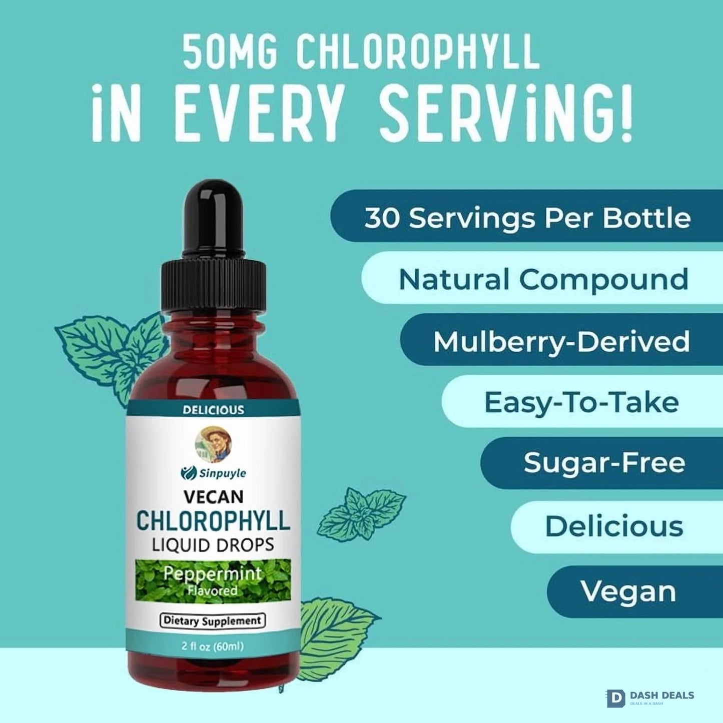 Vegan Chlorophyll Liquid Drops - Peppermint Flavored Detox Supplement, 60ml Daily Wellness Tonic for Fresh Breath & Antioxidant Support