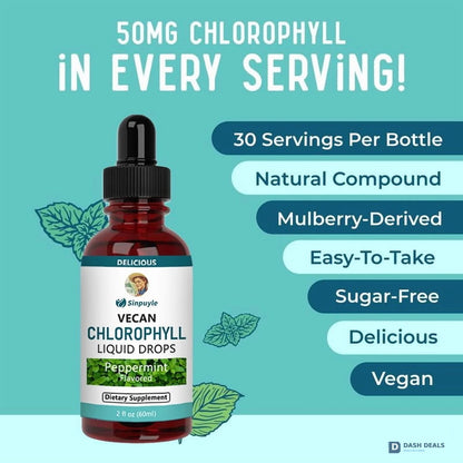 Vegan Chlorophyll Liquid Drops - Peppermint Flavored Detox Supplement, 60ml Daily Wellness Tonic for Fresh Breath & Antioxidant Support