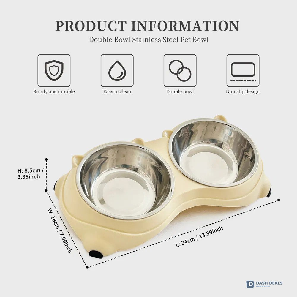 Macaron Pink Stainless Steel Pet Bowls — Dual 600ml, Non-Slip, Dishwasher Safe