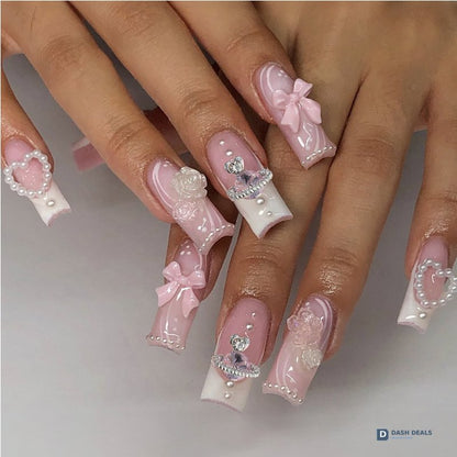 Planet Pearl Flower Press On Nails - 24 PCS Short Almond Pearl Floral Gel Press On Nails Set, Cute Wedding Bridal Fake Nails for Women
