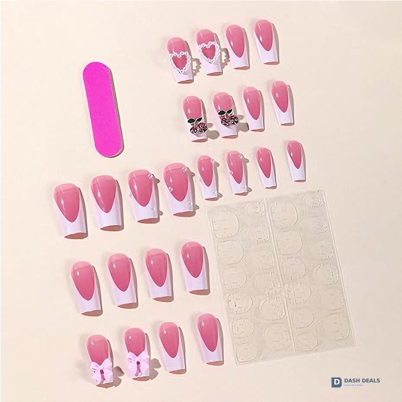 Cherry Bow Press On Nails - 24 PCS Short Almond Coquette Pink Gel Press On Nails Set, Cute Trendy Y2K Fake Nails for Women
