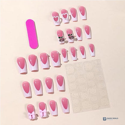 Cherry Bow Press On Nails - 24 PCS Short Almond Coquette Pink Gel Press On Nails Set, Cute Trendy Y2K Fake Nails for Women