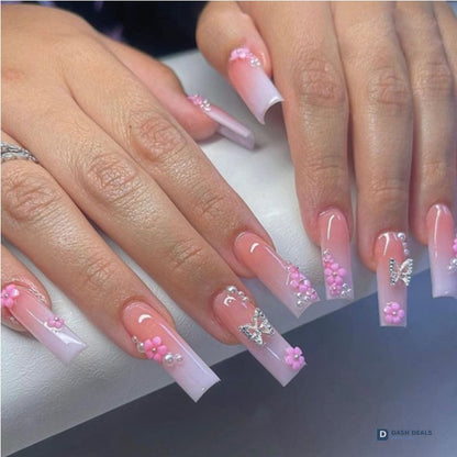 Flower Diamond Butterfly Press-On Nails 24 PCS — Sparkle Floral Nail Art Set