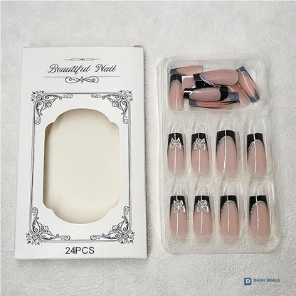 Black Pink Butterfly Press-On Nails 24 PCS — Bold Two-Tone Nail Art, At-Home Manicure