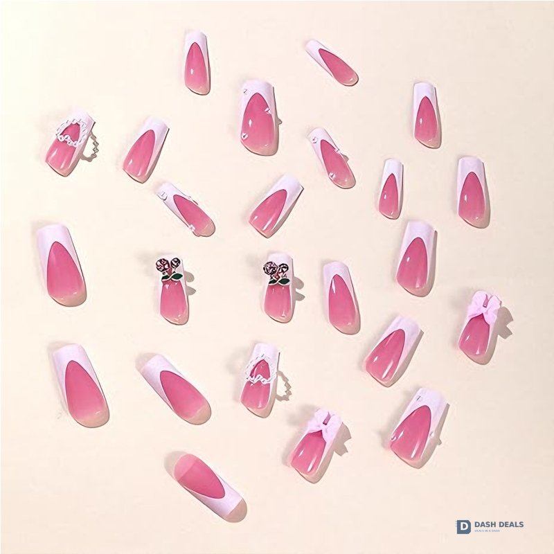 Cherry Bow Press On Nails - 24 PCS Short Almond Coquette Pink Gel Press On Nails Set, Cute Trendy Y2K Fake Nails for Women