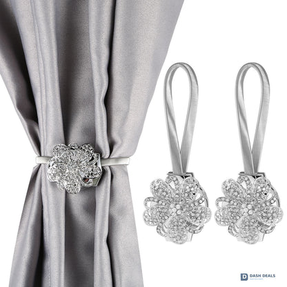 Magnetic Curtain Tiebacks 2-Pack — Extendable Floral Drape Holders, Decorative Window Clips