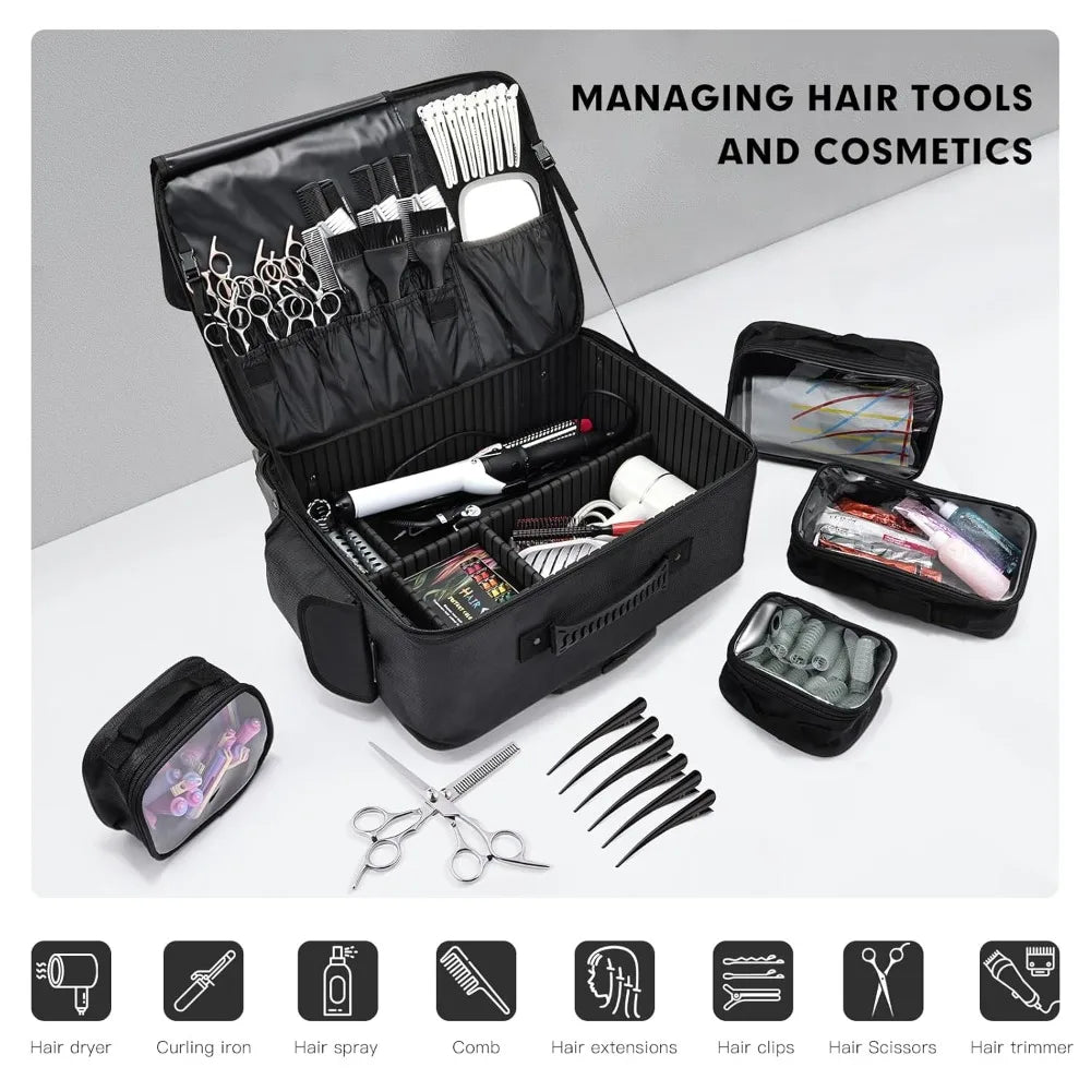 Rolling Makeup Case on Wheels, Extra Large Cosmetic Artist Bag, Portable Travel Case for Hairstylists & Nail Techs, Black