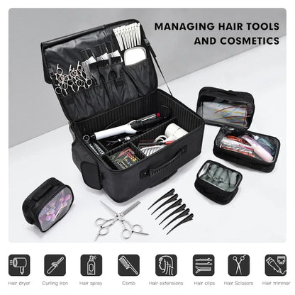 Rolling Makeup Case on Wheels, Extra Large Cosmetic Artist Bag, Portable Travel Case for Hairstylists & Nail Techs, Black