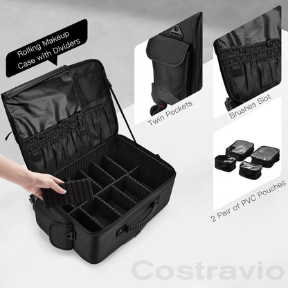 Rolling Makeup Case on Wheels, Extra Large Cosmetic Artist Bag, Portable Travel Case for Hairstylists & Nail Techs, Black