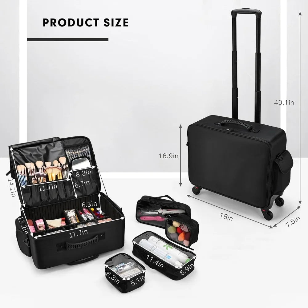 Rolling Makeup Case on Wheels, Extra Large Cosmetic Artist Bag, Portable Travel Case for Hairstylists & Nail Techs, Black