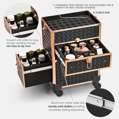 Makeup Train Case with Drawer Rolling Makeup Case Cosmetology Case on Wheels Gift Large Makeup Case Organizers Professional For
