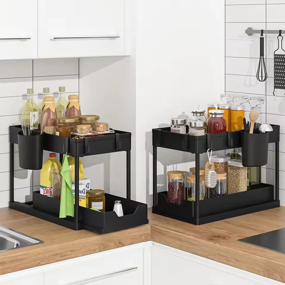 2 Tier Under Sink Organizer - Sliding Pull-Out Cabinet Basket Rack