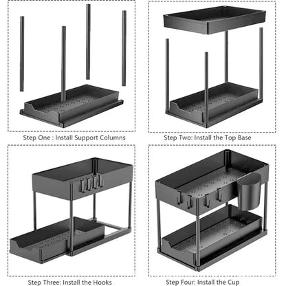 2 Tier Under Sink Organizer - Sliding Pull-Out Cabinet Basket Rack