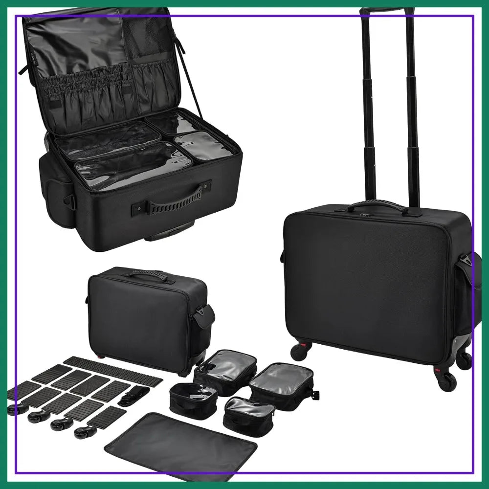 Rolling Makeup Case on Wheels, Extra Large Cosmetic Artist Bag, Portable Travel Case for Hairstylists & Nail Techs, Black