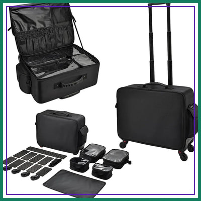 Rolling Makeup Case on Wheels, Extra Large Cosmetic Artist Bag, Portable Travel Case for Hairstylists & Nail Techs, Black