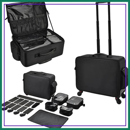 Rolling Makeup Case on Wheels, Extra Large Cosmetic Artist Bag, Portable Travel Case for Hairstylists & Nail Techs, Black