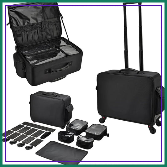 Rolling Makeup Case on Wheels, Extra Large Cosmetic Artist Bag, Portable Travel Case for Hairstylists & Nail Techs, Black